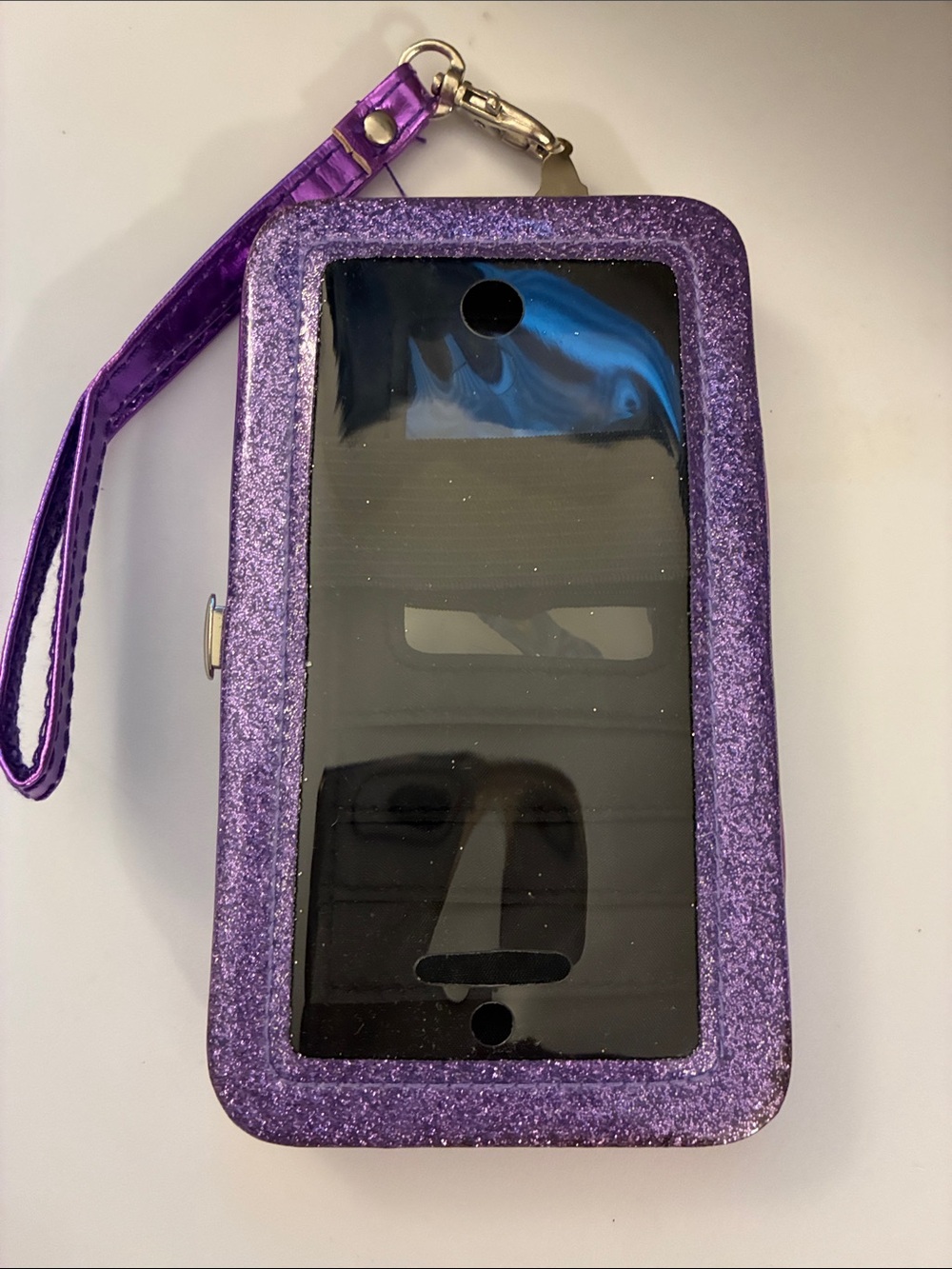 Glitter Purple IPhone Wristlet Case with Clear Front
